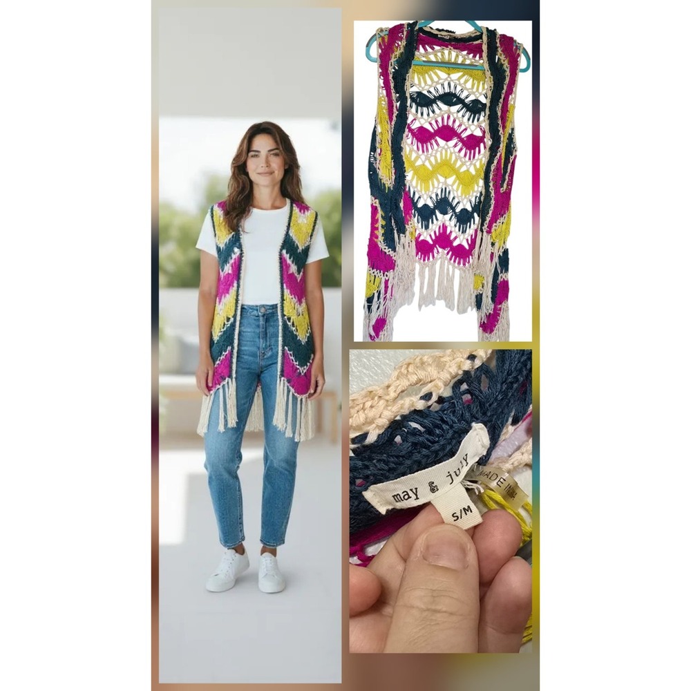 Colorful Crochet Knit Vest Womens S/M Boho Hippie Beachy Bright Festival Top